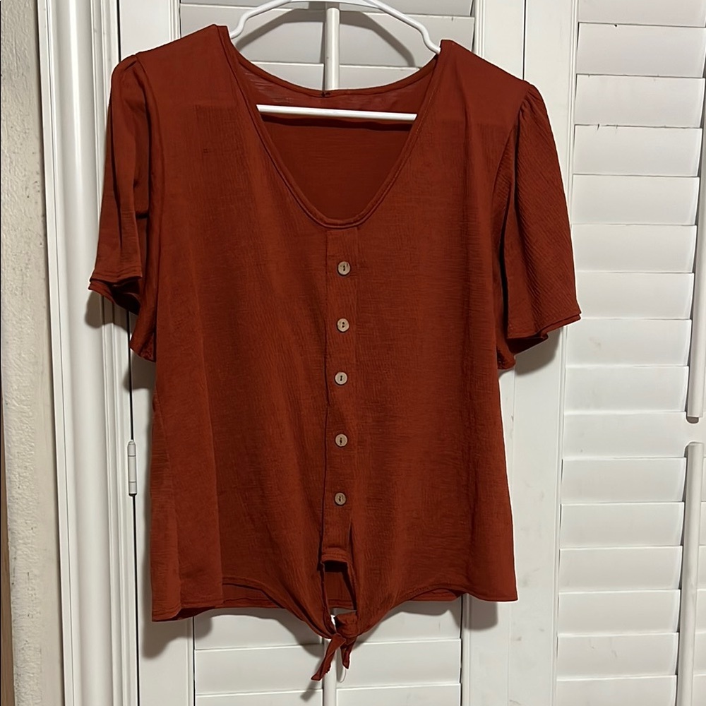 Rust Button-Down Women's Top with Adjustable Tie-Knot